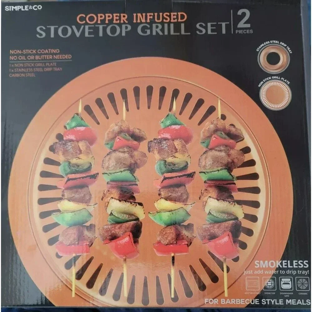 Smokeless Indoor Barbecue Copper Infused Stovetop Grill Set Non Stick Grill 2 pc